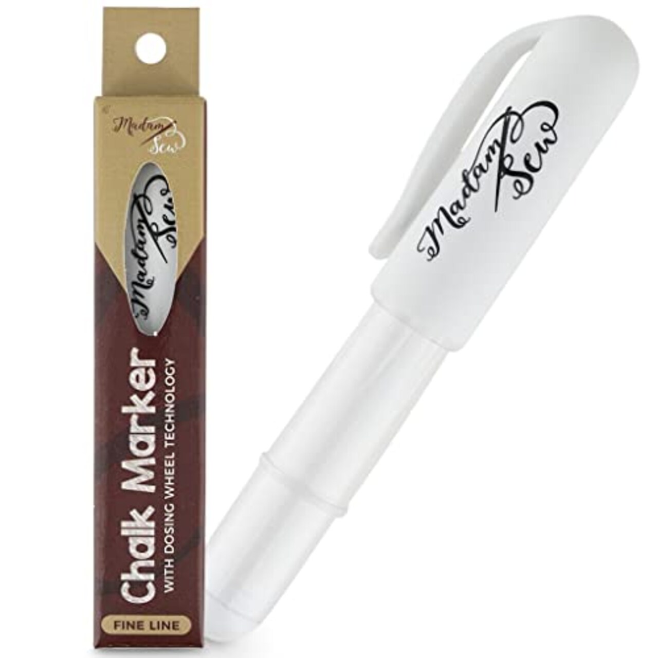 Madam Sew Chalk Fabric Marker for Sewing, Quilting & Crafting, White, Tailors Liner Pen Creates Consistent Erasable Lines with Dosing Wheel  Technology, Works on Cotton, Knit, Suede, and All Fabrics